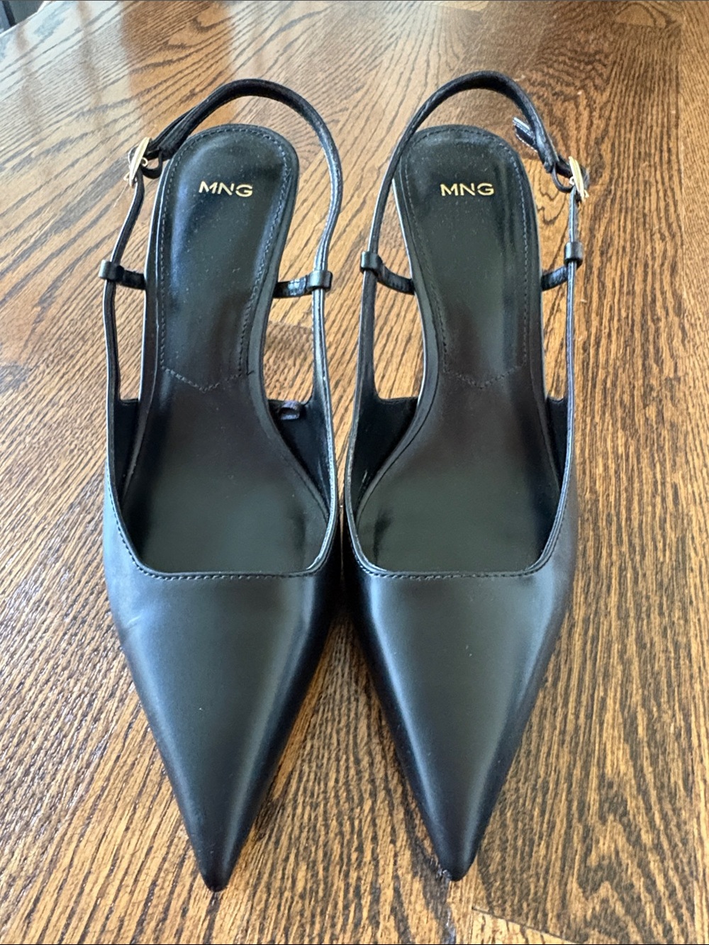 Mango Black Pointed-Toe Slingback Heels with Gold Buckles